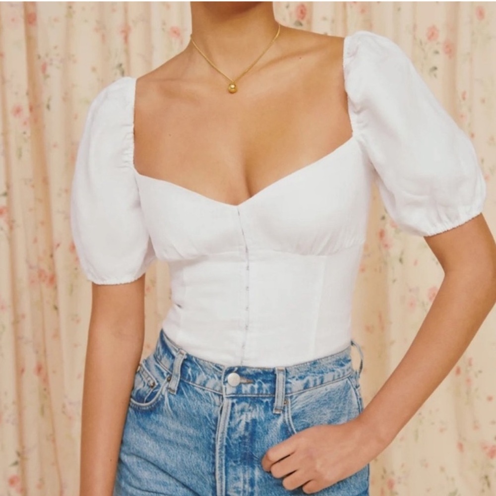 Reformation White Puff-Sleeve Corset Top